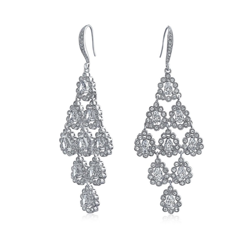 Statement Waterfall Teardrop Marquise Dangle Chandelier Rhodium Plated Brass
